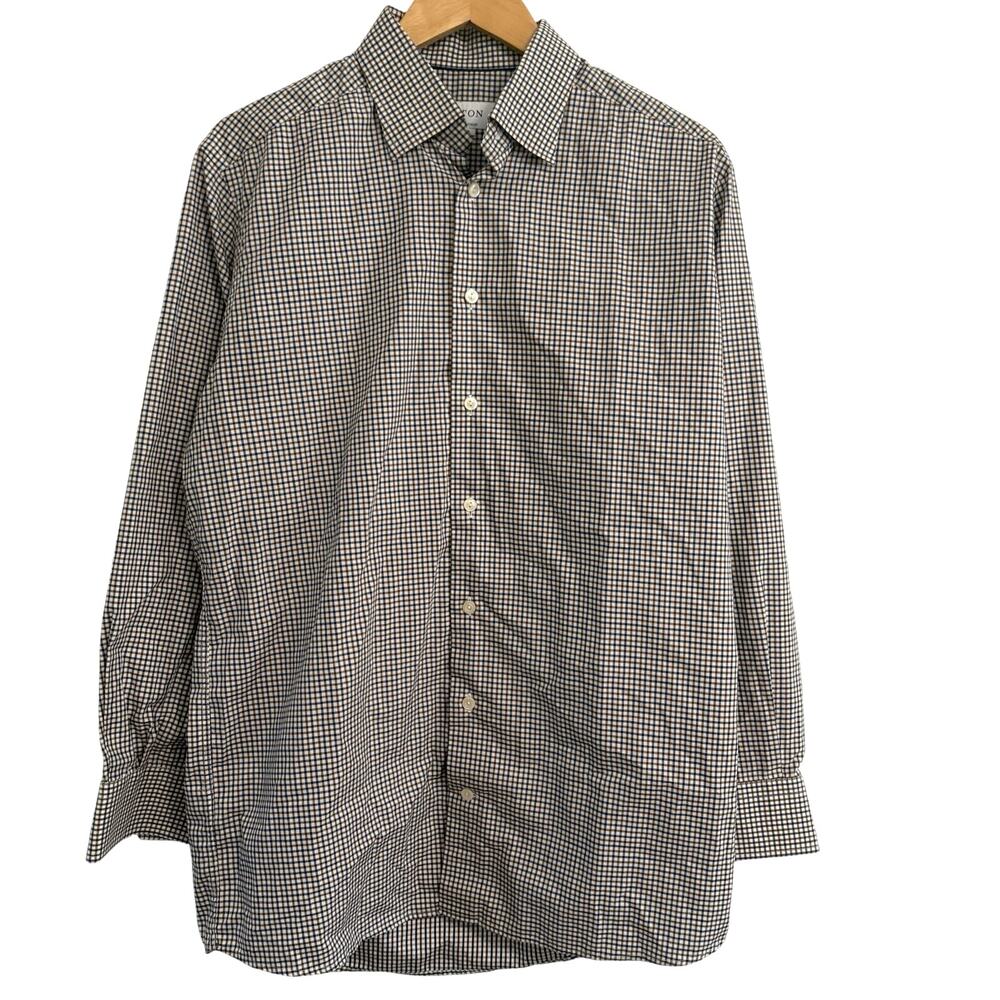 Eton Contemporary Check Plaid Button Up Dress Shirt Men’s Size Large 16 / 41